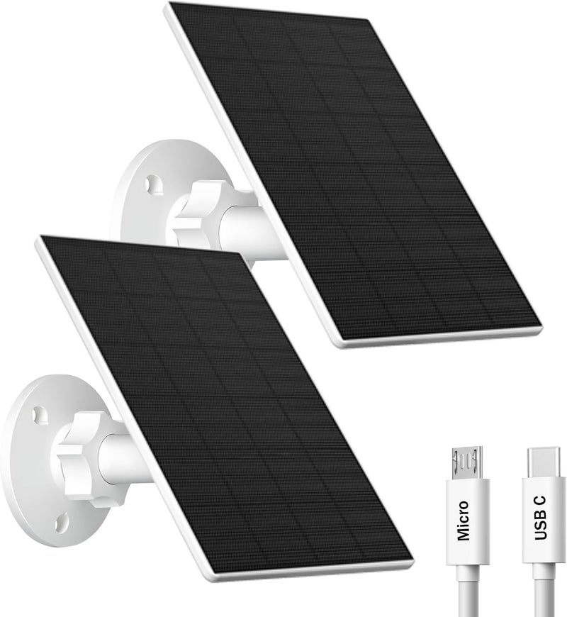 VUEBEE 2W Solar Panel for Security Camera Outdoor, USB/USB-C Charger with IP65 Waterproof, 360° Adjustable Mount & 7.2ft Cable, Compatible with Rechargeable Battery Cameras (2 Pack, White) - Image 1